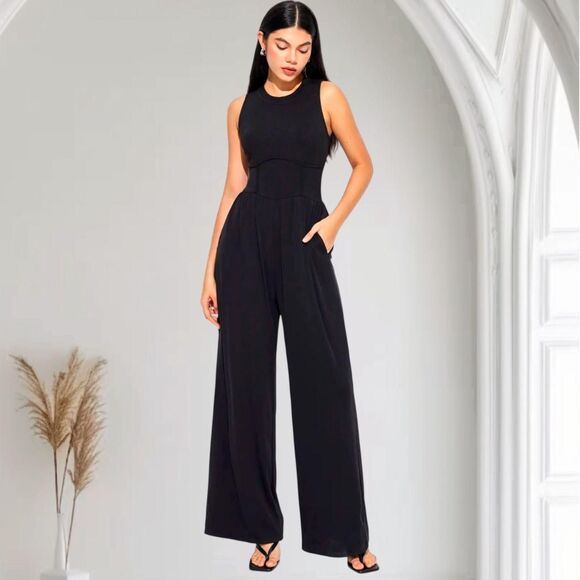 Cider Soft Black Ribbed Solid Sleeveless Wide Leg Flare Elegant Jumpsuit M - Picture 1 of 8